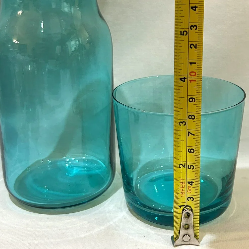 Jonathan Adler BIBA Teal Blue Glass Bedside Water Carafe 25 oz & Cup 10 oz Set